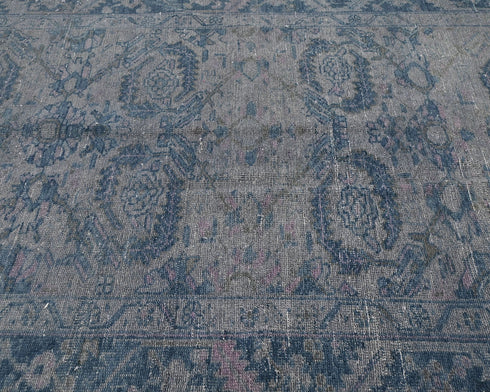 9 Ft Vintage Gray Blue Persian Style Distressed Hand Knotted Low Pile Wool Runner Rug